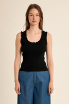 Molly Bracken black ribbed frilled tank top front view