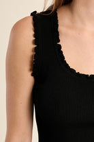 Molly Bracken black sleeveless ribbed tank top with frill trim neckline