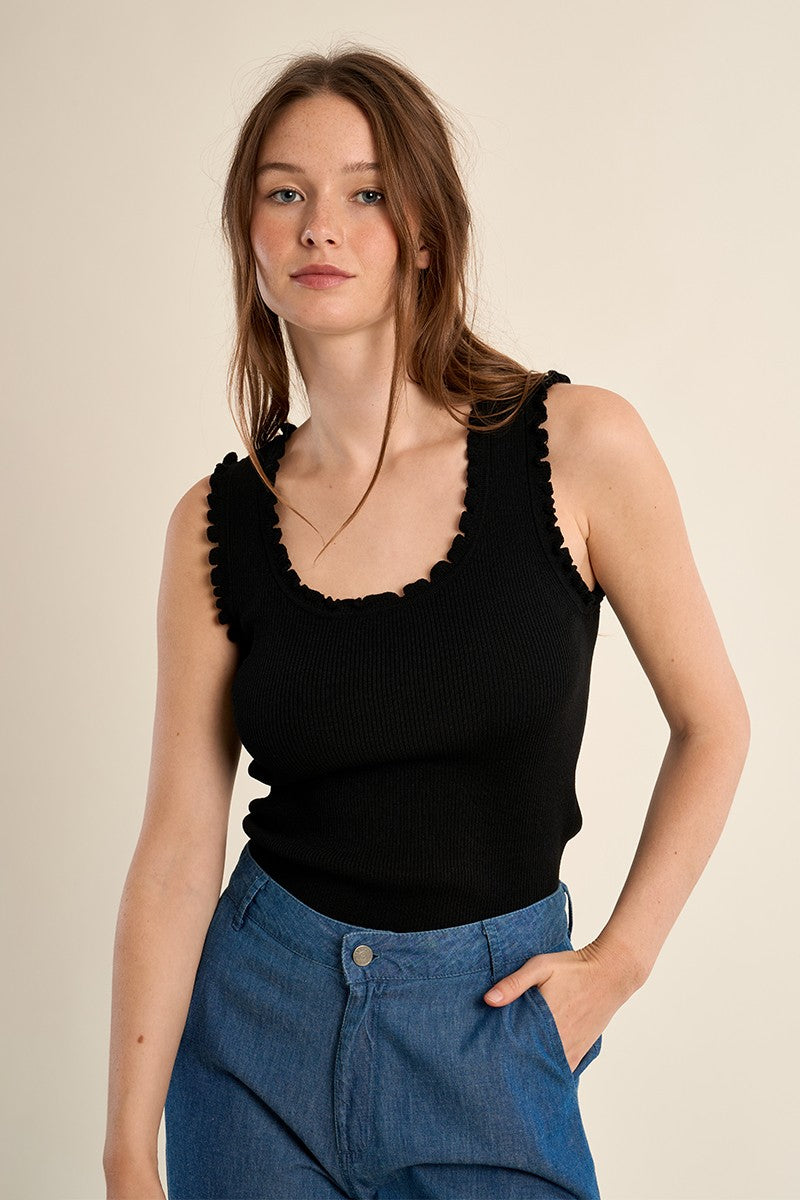 Molly Bracken black fitted ribbed tank top styled with trousers