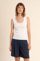 Molly Bracken white ribbed frilled tank top front view