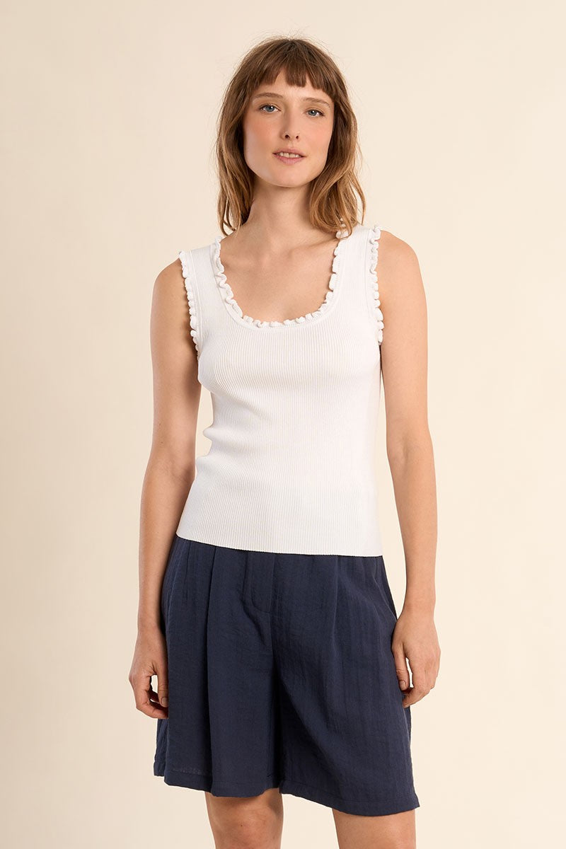 Molly Bracken white ribbed frilled tank top front view