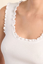 Molly Bracken white sleeveless ribbed tank top with frilled neckline