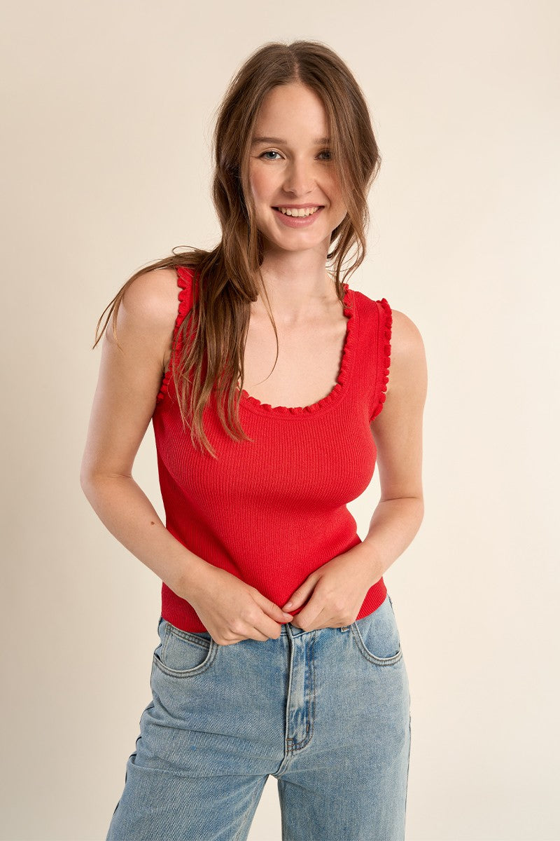 Molly Bracken red ribbed frilled tank top front vie
