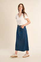 Molly Bracken long belted denim skirt front view with tie waist