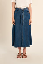 Molly Bracken midi denim skirt back view with patch pockets