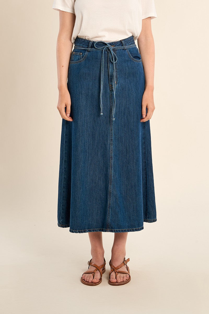 Molly Bracken midi denim skirt back view with patch pockets