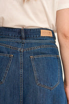 Molly Bracken belted denim skirt close-up of waistband and stitching