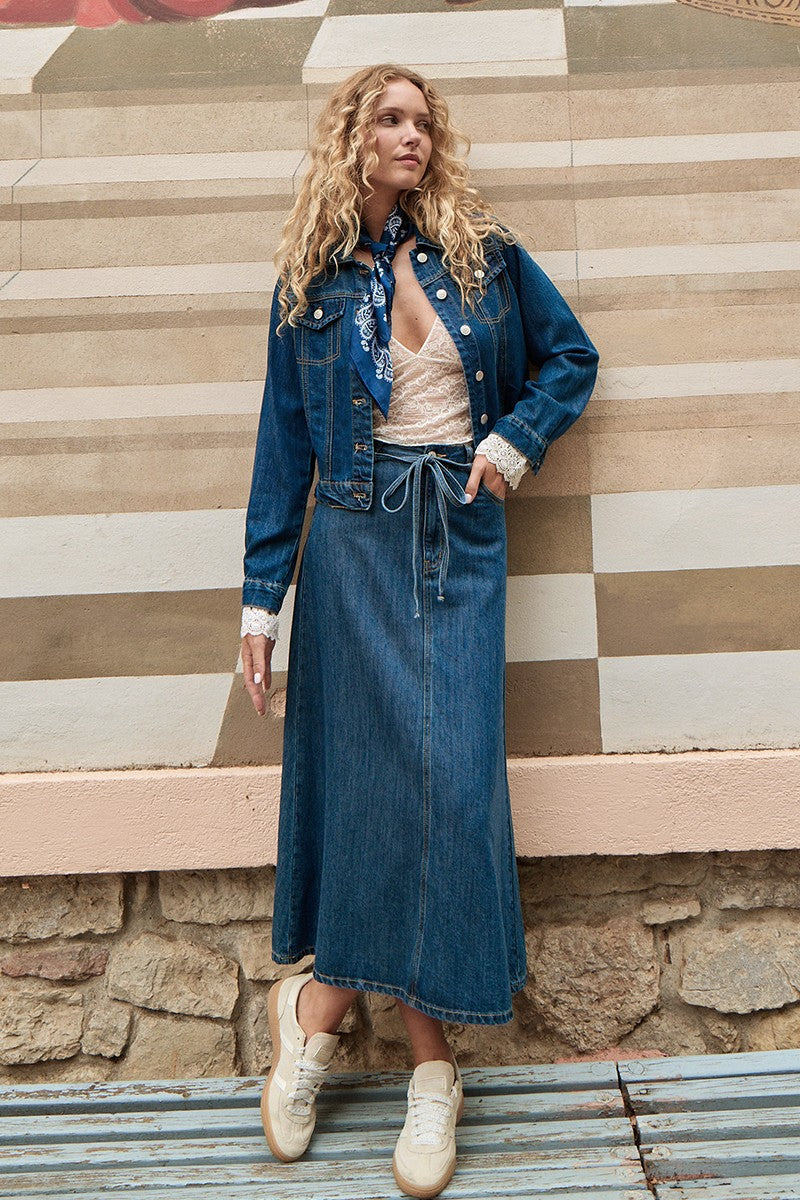 Molly Bracken long denim skirt styled with matching denim jacket