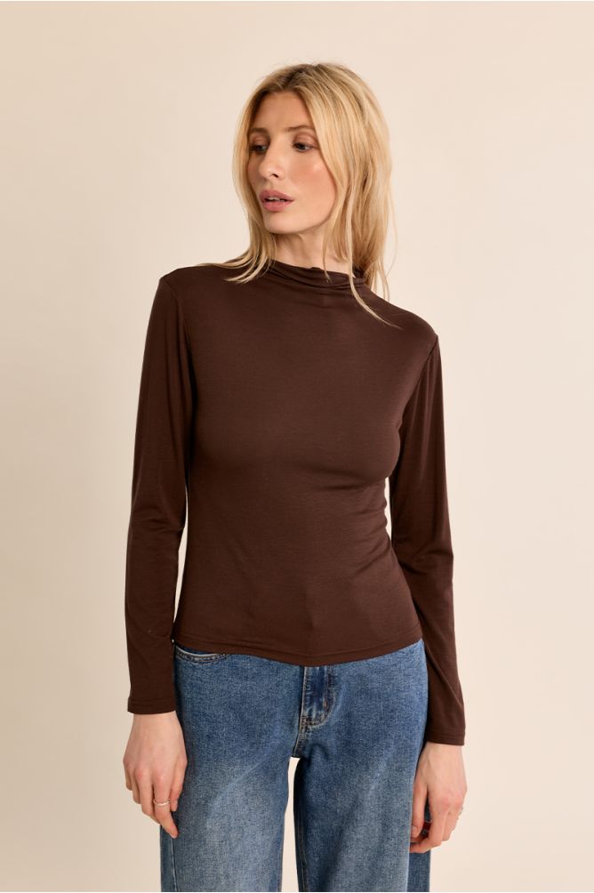 Molly Bracken brown slim fit high neck long sleeve top front view
