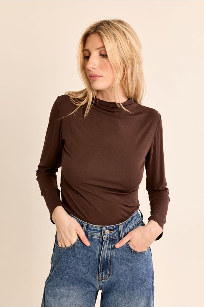 Molly Bracken women’s brown fitted high neck top on model