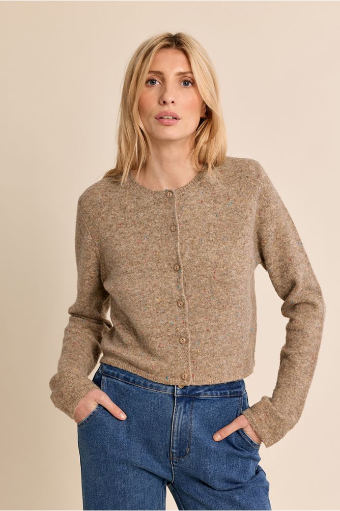 Molly Bracken beige flecked knit short cardigan front view
