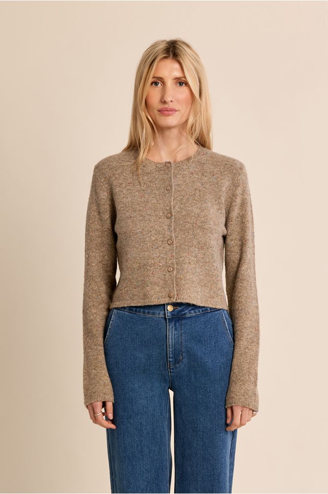 Molly Bracken beige short button knit cardigan on model