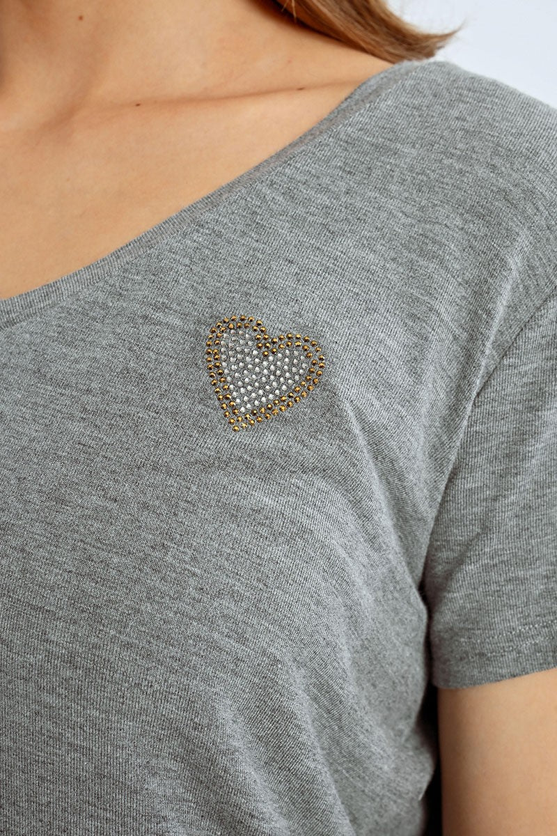 Molly Bracken Grey V Neck Studded Diamante Heart T-shirt