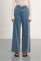 Molly Bracken high waisted wide leg jeans blue denim front detail