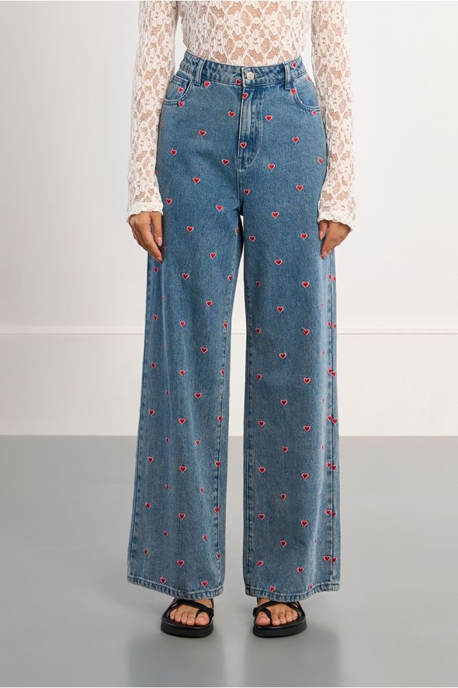 Molly Bracken high waisted wide leg jeans blue denim front detail