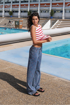 Molly Bracken blue wide leg jeans with red heart embroidery front view