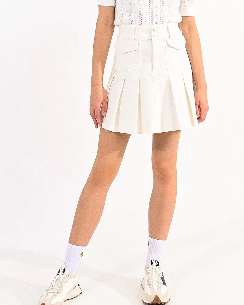 Molly Bracken White Pleated Denim Mini Skirt With Pockets