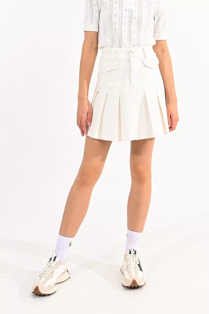 Molly Bracken White Pleated Denim Mini Skirt With Pockets
