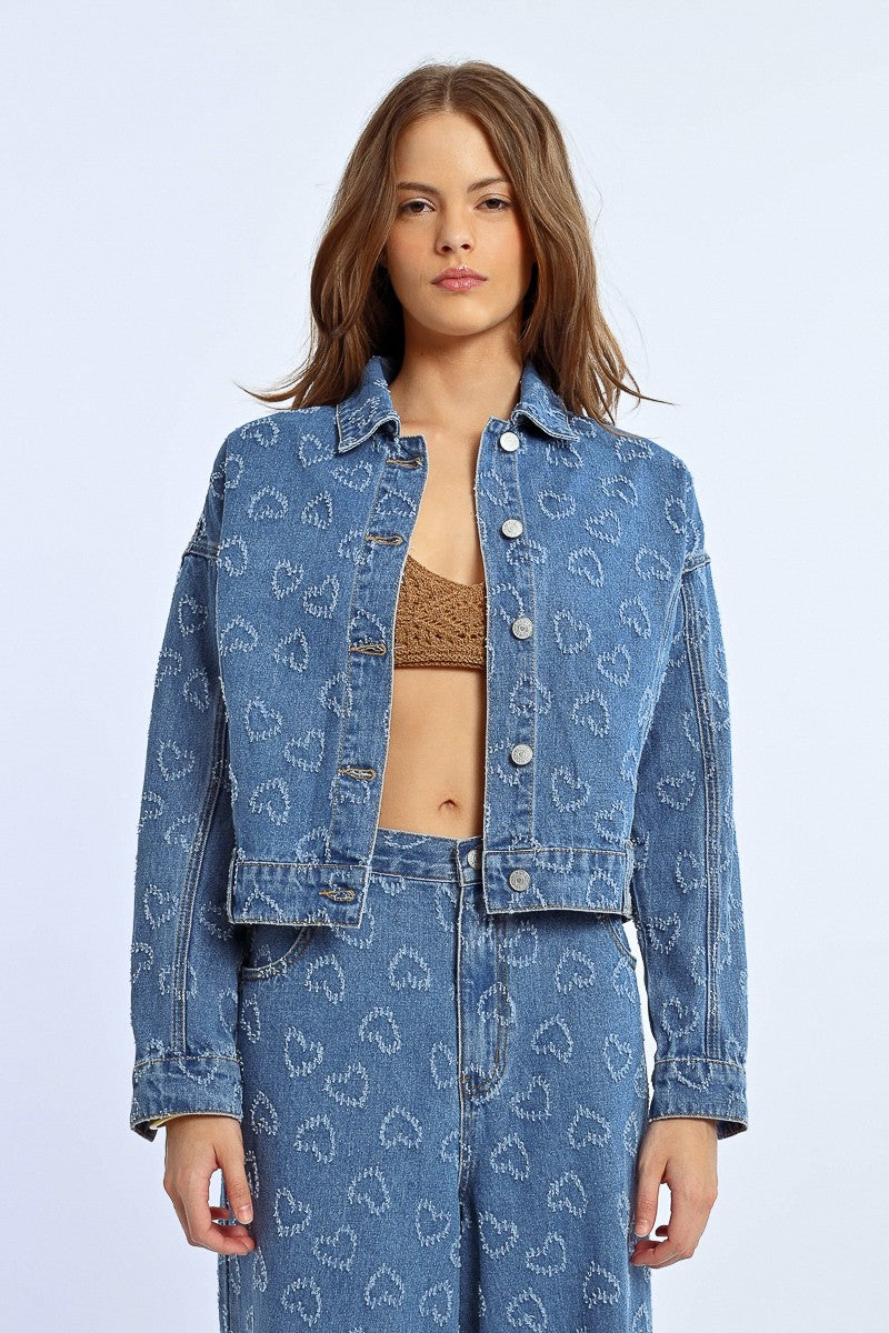 Molly Bracken Heart Embellished Shirt Style Denim Jacket