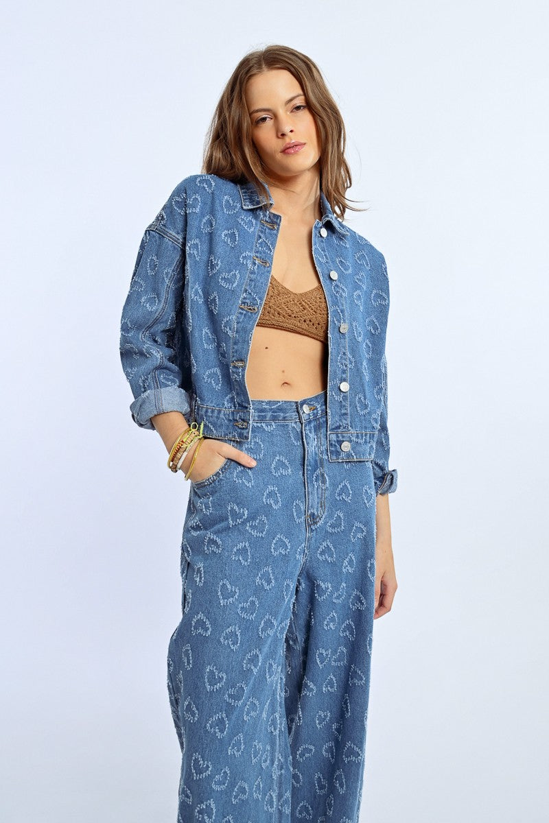 Molly Bracken Sparkly Heart Shirt Style Denim Jacket