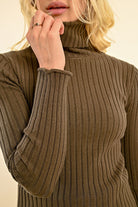 Molly Bracken Ribbed Knit Turtleneck Jumper in Khaki Green