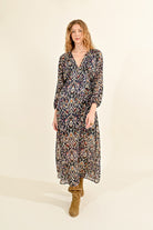 Molly Bracken NavyBoho Print Long V- Neck Dress