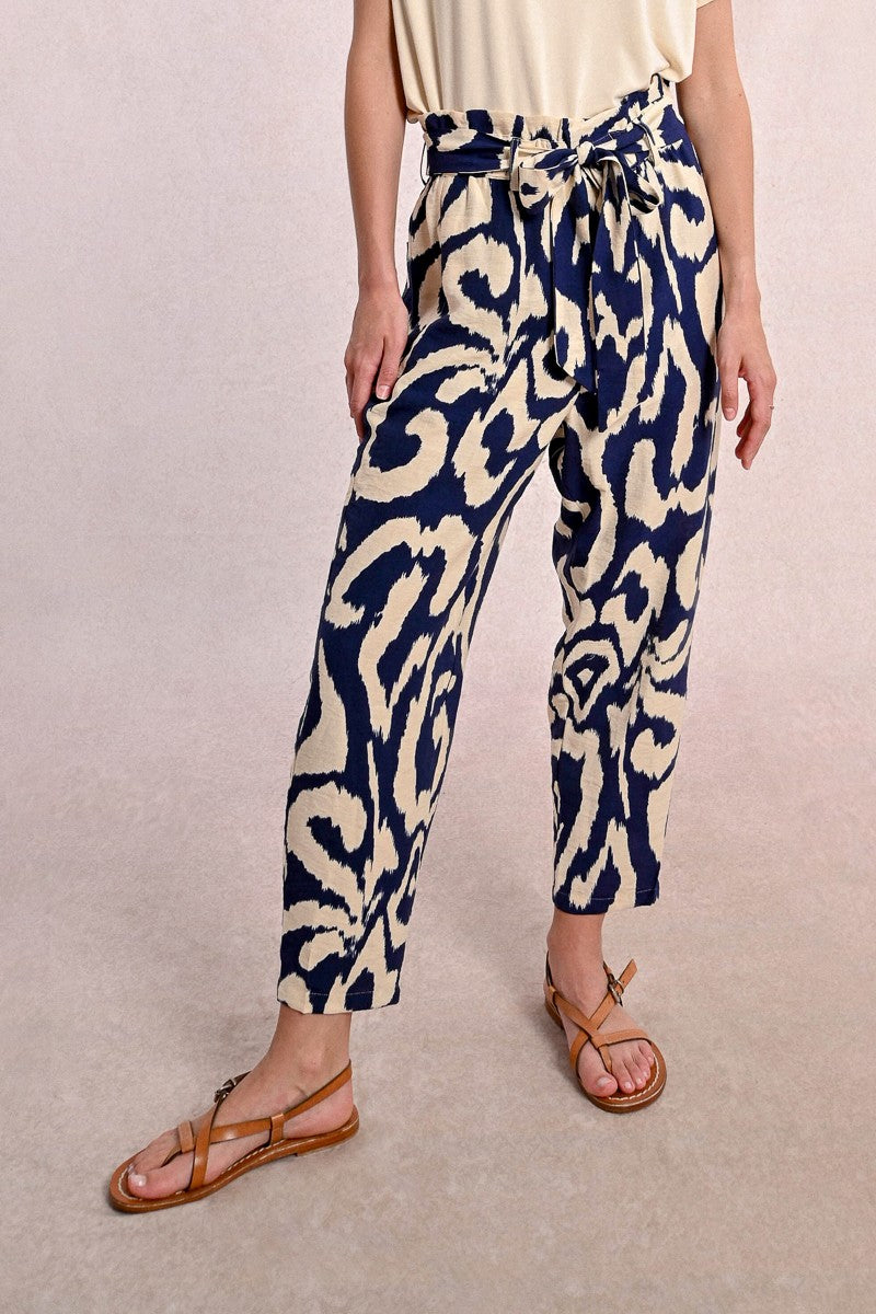 Molly Bracken Navy Print Paper Bag Tie Waist Trousers