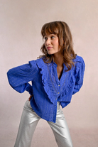 Molly Bracken Ruffled Metallic Pinstripe Blouse