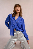 Molly Bracken Blue Ruffled Metallic Pinstripe Blouse