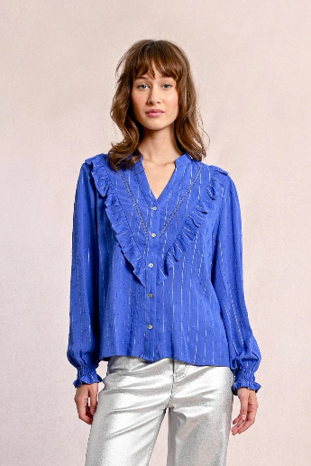 Molly Bracken Ruffled Metallic Pinstripe Blouse In Blue