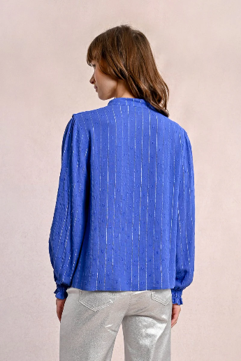 Molly Bracken Blue Ruffled Metallic Pinstripe Blouse From The Back