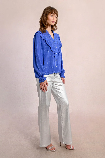 Molly Bracken Ruffled Metallic Blue Pinstripe Blouse