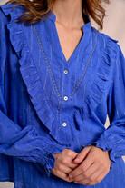 Molly Bracken Ruffled Metallic Blue Pinstripe Long Sleeve Top