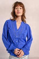 Molly Bracken Ruffled Metallic Pinstripe Blouse - Blue
