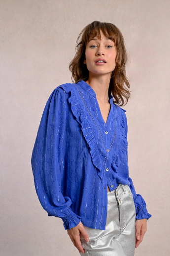 Molly Bracken Ruffled Metallic Long Sleeve Pinstripe Blouse