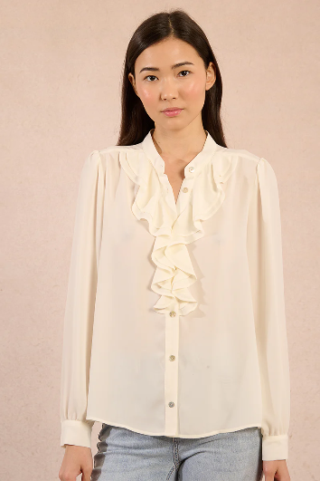 Molly Bracken cream ruffle blouse front view on model