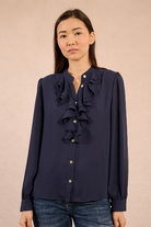 	Molly Bracken navy ruffle front blouse front view