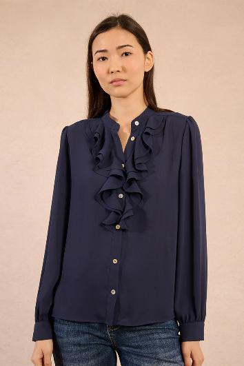 	Molly Bracken navy ruffle front blouse front view