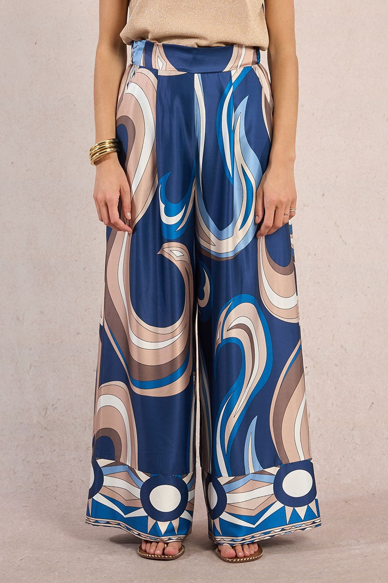 Molly Bracken navy Athena graphic print wide leg trousers front view