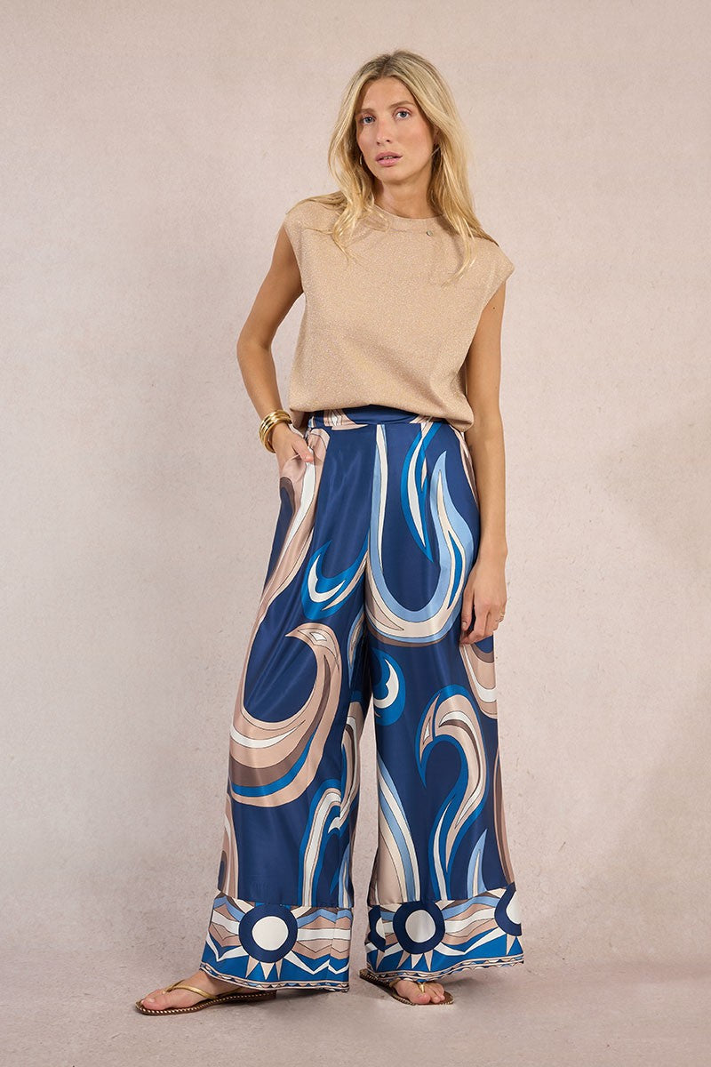 Molly Bracken silky graphic print wide leg trousers full length front view