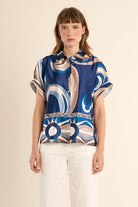 Molly Bracken silky blue graphic print blouse satin effect front view