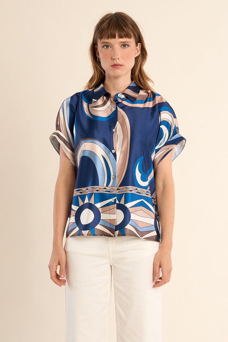 Molly Bracken silky blue graphic print blouse satin effect front view