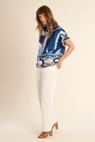 Molly Bracken blue satin effect graphic print blouse side view short sleeves