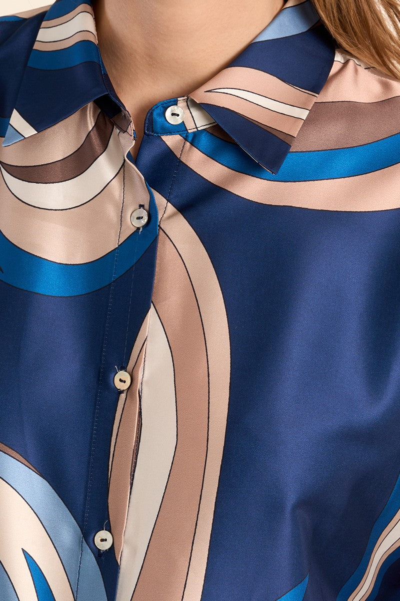 Molly Bracken blue satin graphic print blouse button front detail