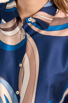 Molly Bracken blue satin graphic print blouse button front detail