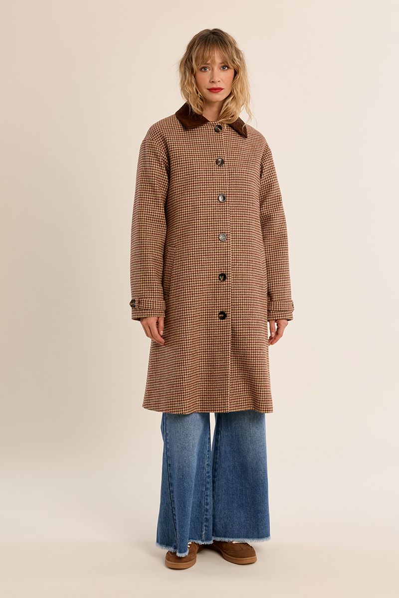 Molly Bracken red houndstooth long coat with contrast collar – front model view