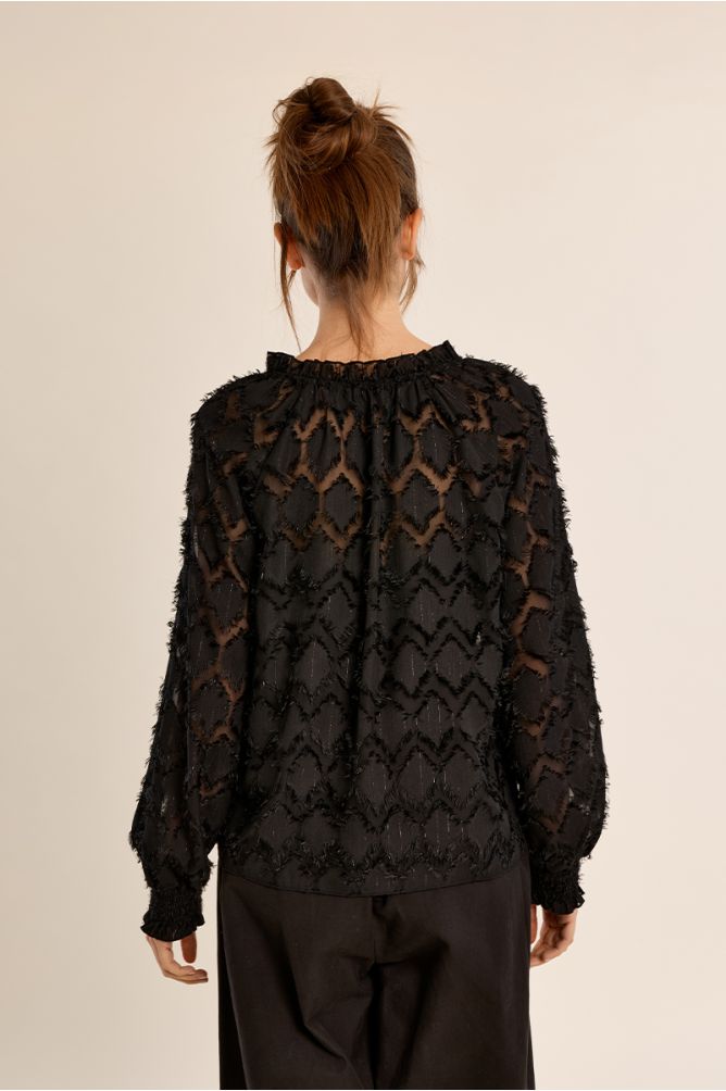 Molly Bracken black semi-sheer blouse back view