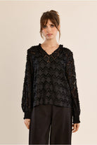 Molly Bracken black semi-sheer V-neck blouse front view