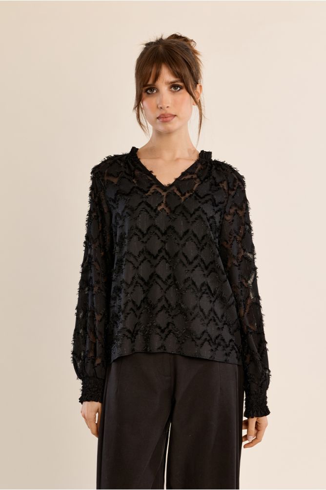 Molly Bracken black semi-sheer V-neck blouse front view