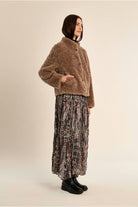 Molly Bracken brown high collar faux sheepskin jacket side view